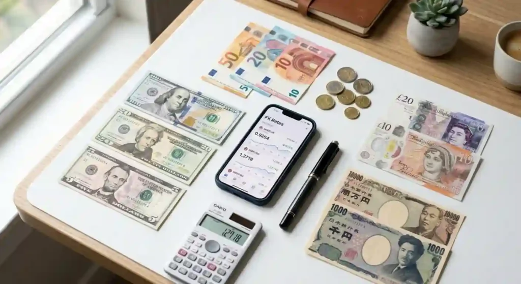 Multiple world currencies including USD EUR GBP JPY on white desk with smartphone displaying currency exchange app showing exchange rates